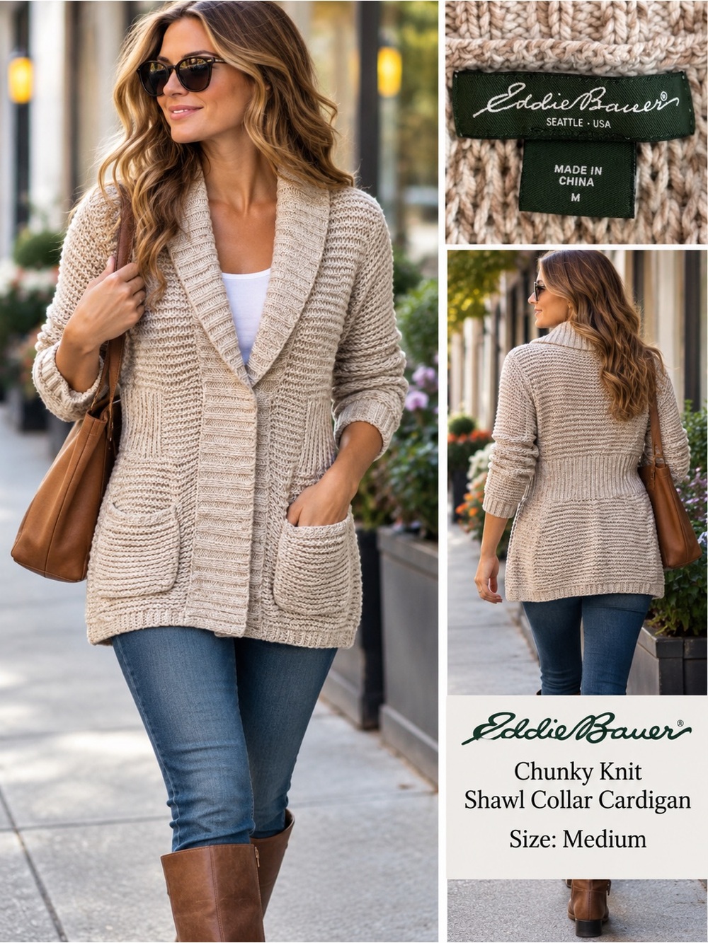 Eddie Bauer Chunky Knit Shawl Collar Cardigan Sweater Beige Cotton Blend Medium